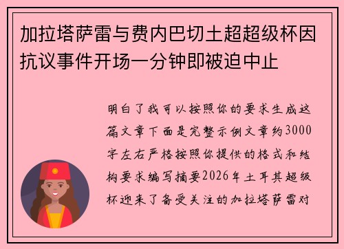 加拉塔萨雷与费内巴切土超超级杯因抗议事件开场一分钟即被迫中止